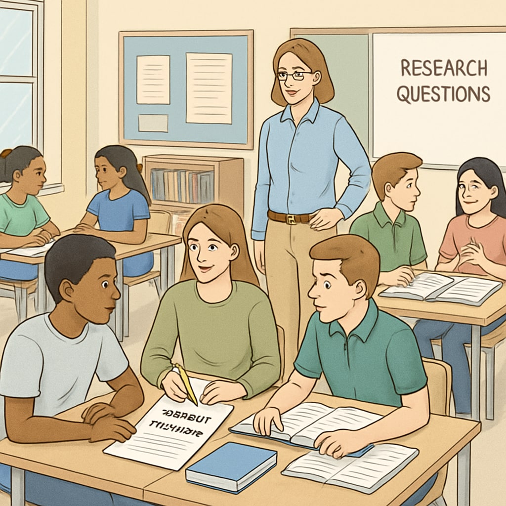 Students working collaboratively in small groups to refine research questions, with a teacher providing guidance. Students collaborating to develop meaningful research questions.