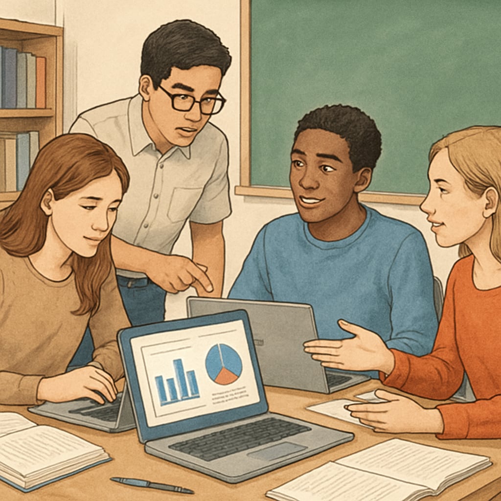 Students collaborating on survey data analysis as part of a media literacy project.