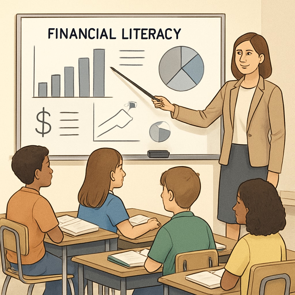 Students learning financial literacy in a classroom setting, emphasizing school curriculum.