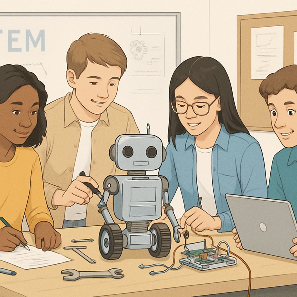 Students collaborating on an entry-level robotics project during a STEM course.