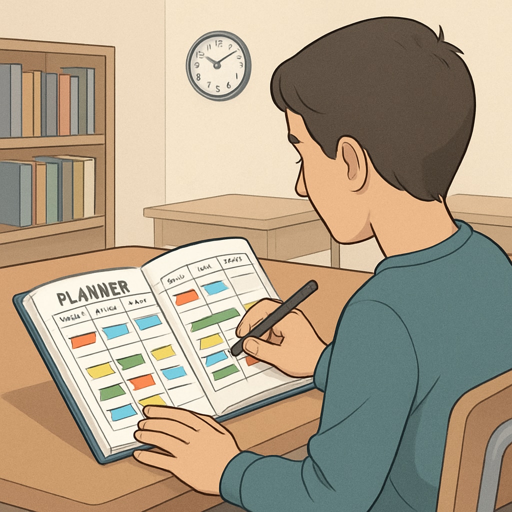 A student practicing time management skills with a daily planner as part of school lessons.