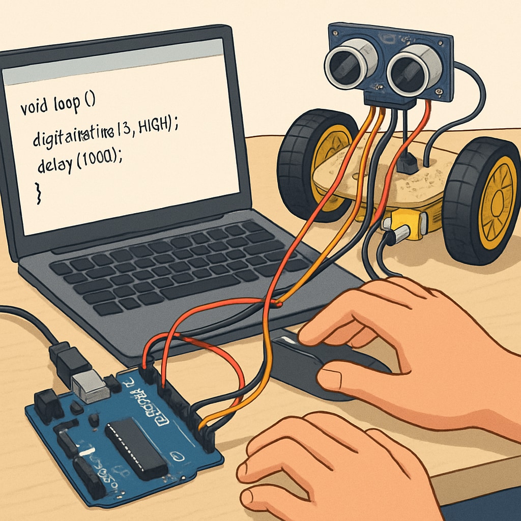 Student coding an entry-level robot using Arduino software during a beginner robotics course.