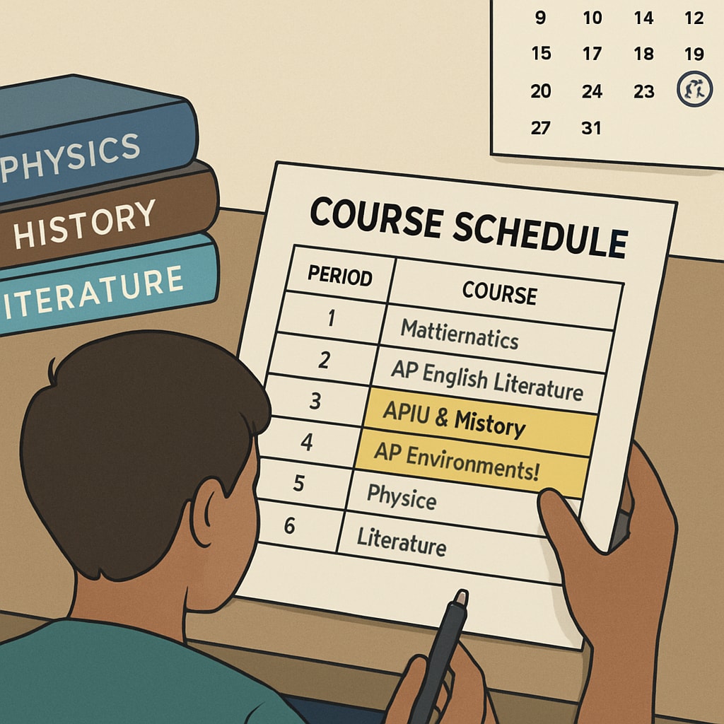 A student reviewing a high school course schedule, highlighting AP course options, textbooks, and a calendar. A student reviewing AP course options and planning their high school schedule.