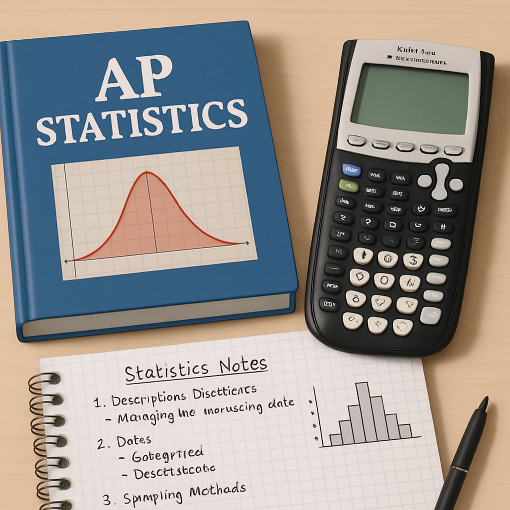 An AP Statistics textbook alongside a graphing calculator, placed on a student’s desk with class notes. AP Statistics study materials, including a textbook and graphing calculator.