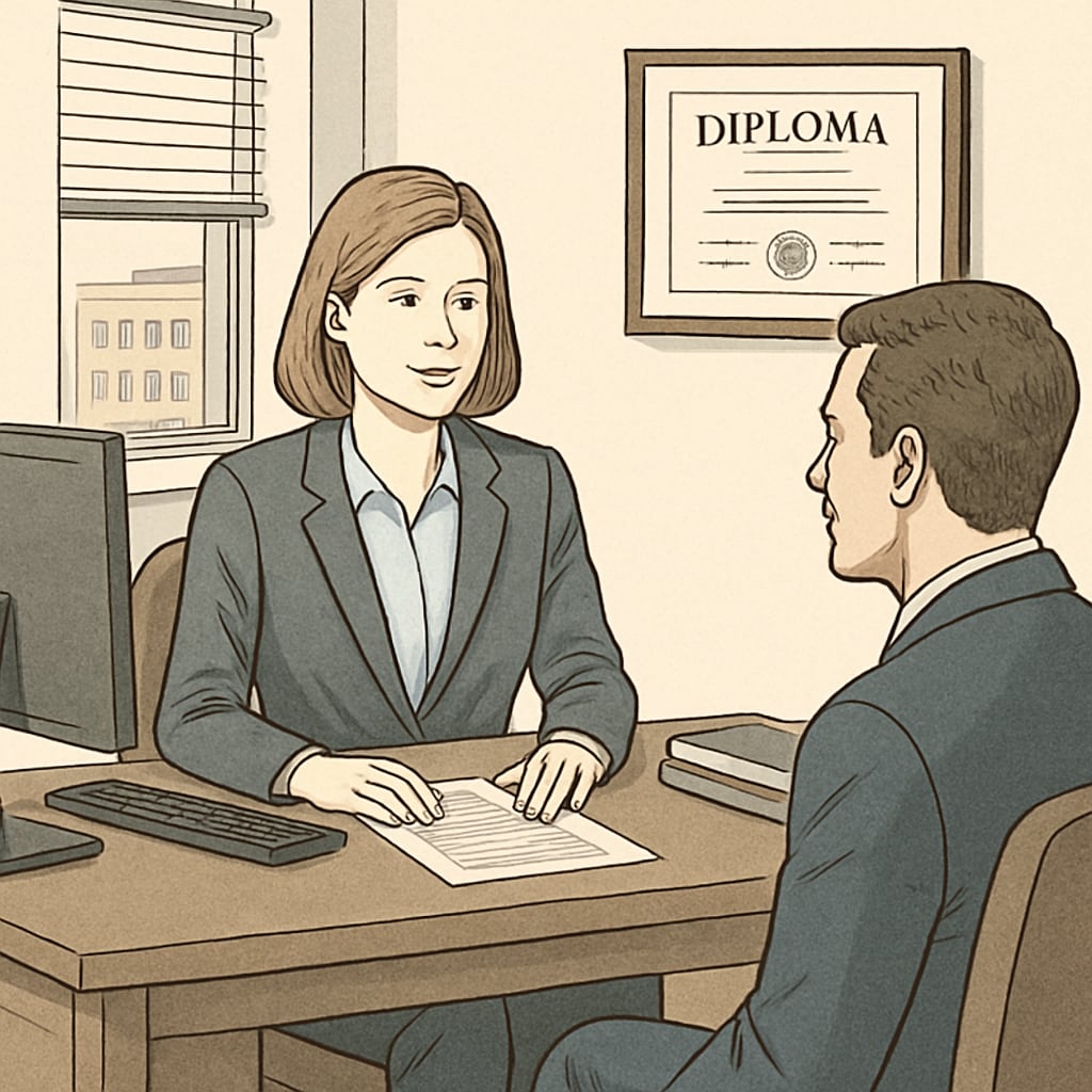 A professional-looking office setting with a diploma hanging on the wall, symbolizing education credentials in the workplace. Office with diploma showcasing education qualifications like high school diploma and college degree.