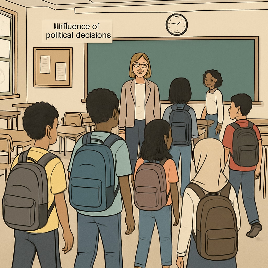 A view of New York City public school students entering a classroom, symbolizing the impact of political decisions on education. NYC public school students entering a classroom, representing Joel Klein and the mayoral election's impact.