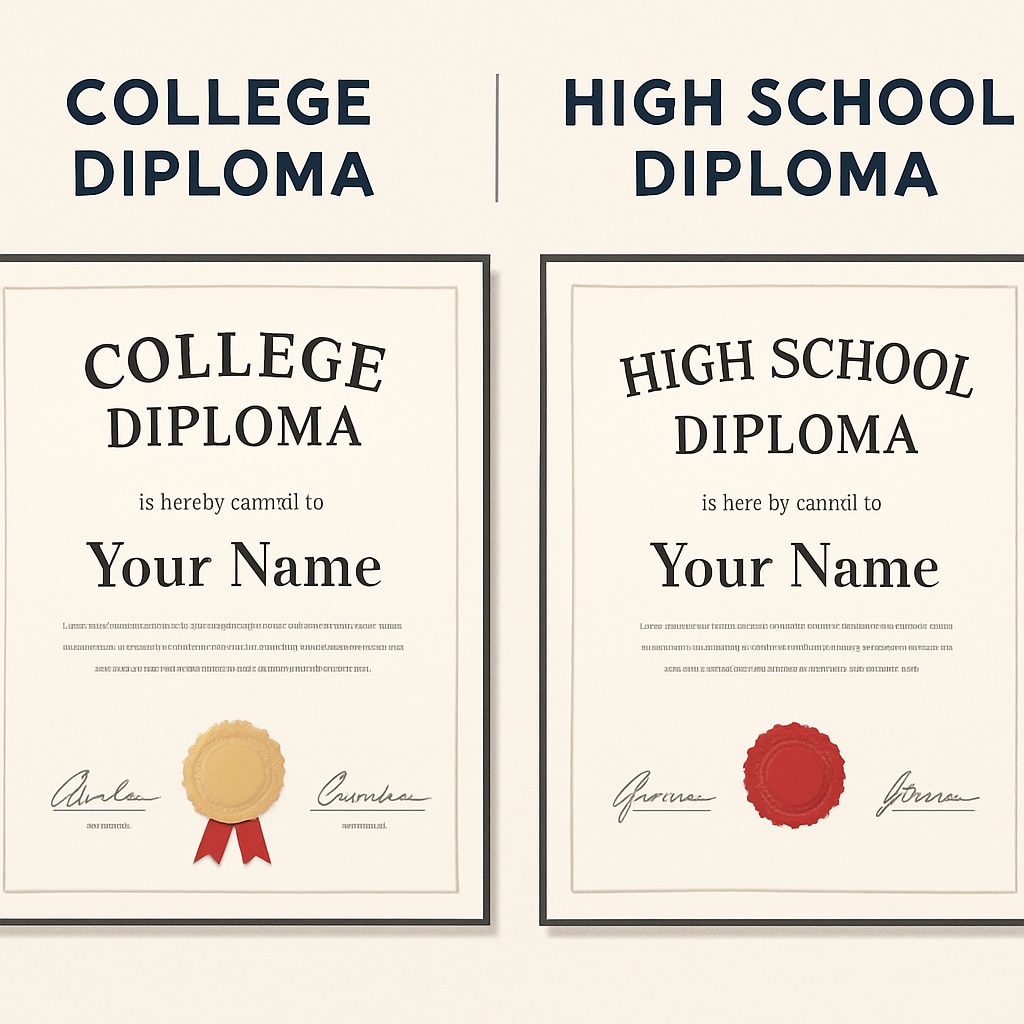 A close-up of a college diploma contrasted against a high school diploma, emphasizing the debate between education levels. College diploma and high school diploma side by side, representing the Arizona education policy controversy.