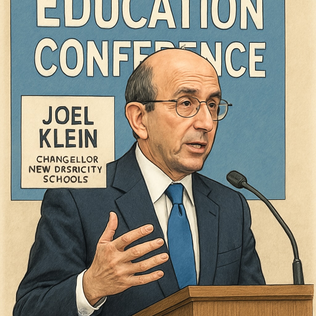 A close-up of Joel Klein speaking at an education conference, symbolizing his influence on NYC school policies. Joel Klein speaking about NYC school reforms, highlighting his impact on education policy.