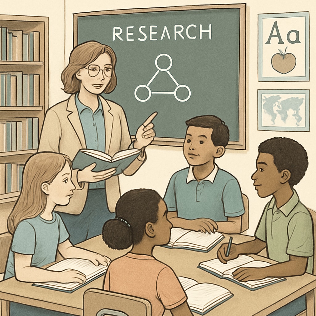 A teacher guiding students in a classroom setting, symbolizing the application of research in K-12 education. Teacher guiding students in a classroom, related to K-12 research methods.