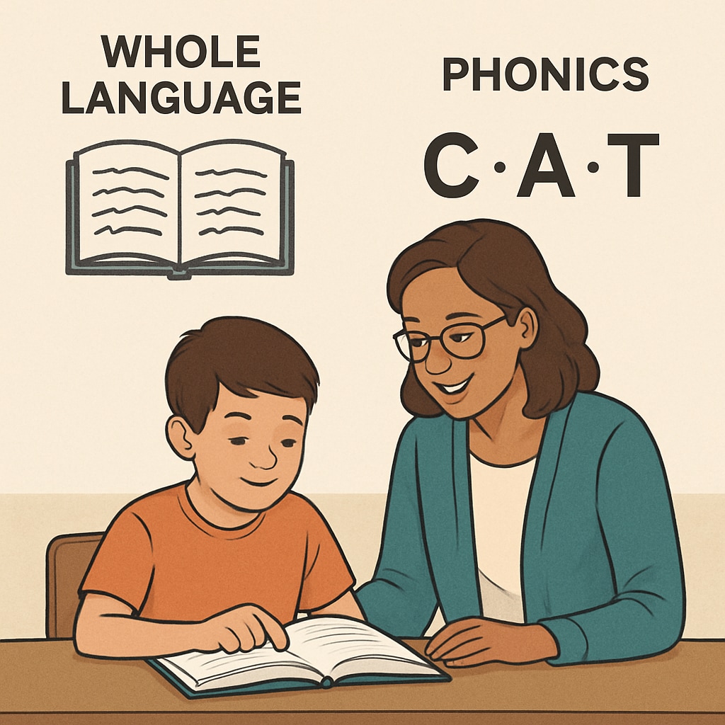 A child reading a book with a teacher, representing the difference between whole language and phonics methods. A child and teacher reading together, illustrating whole language vs phonics.