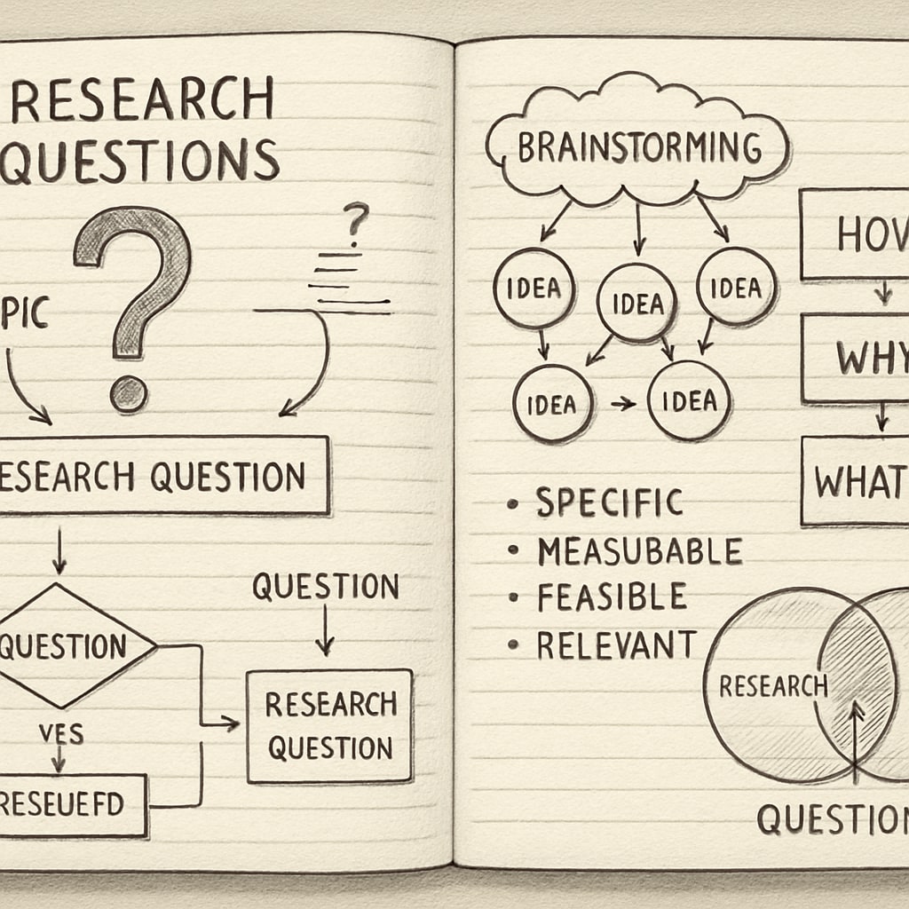 A notebook with research-related sketches and brainstorming, representing the process of formulating research questions. Notebook with research sketches, linked to crafting K-12 research questions.
