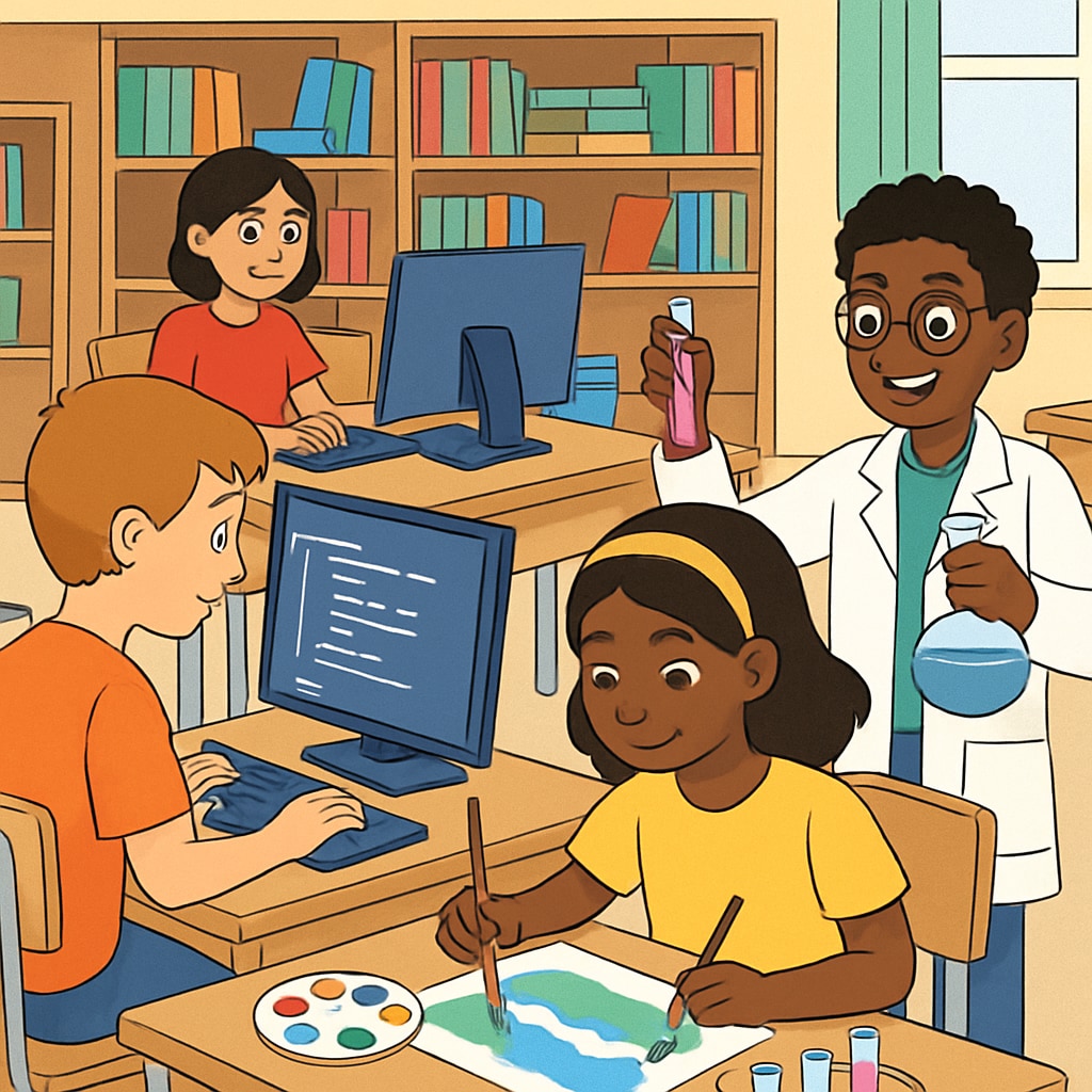 A classroom setting where students are engaging in activities related to career exploration, such as coding, art, or science projects. Students participating in career exploration activities related to coding, art, or science.