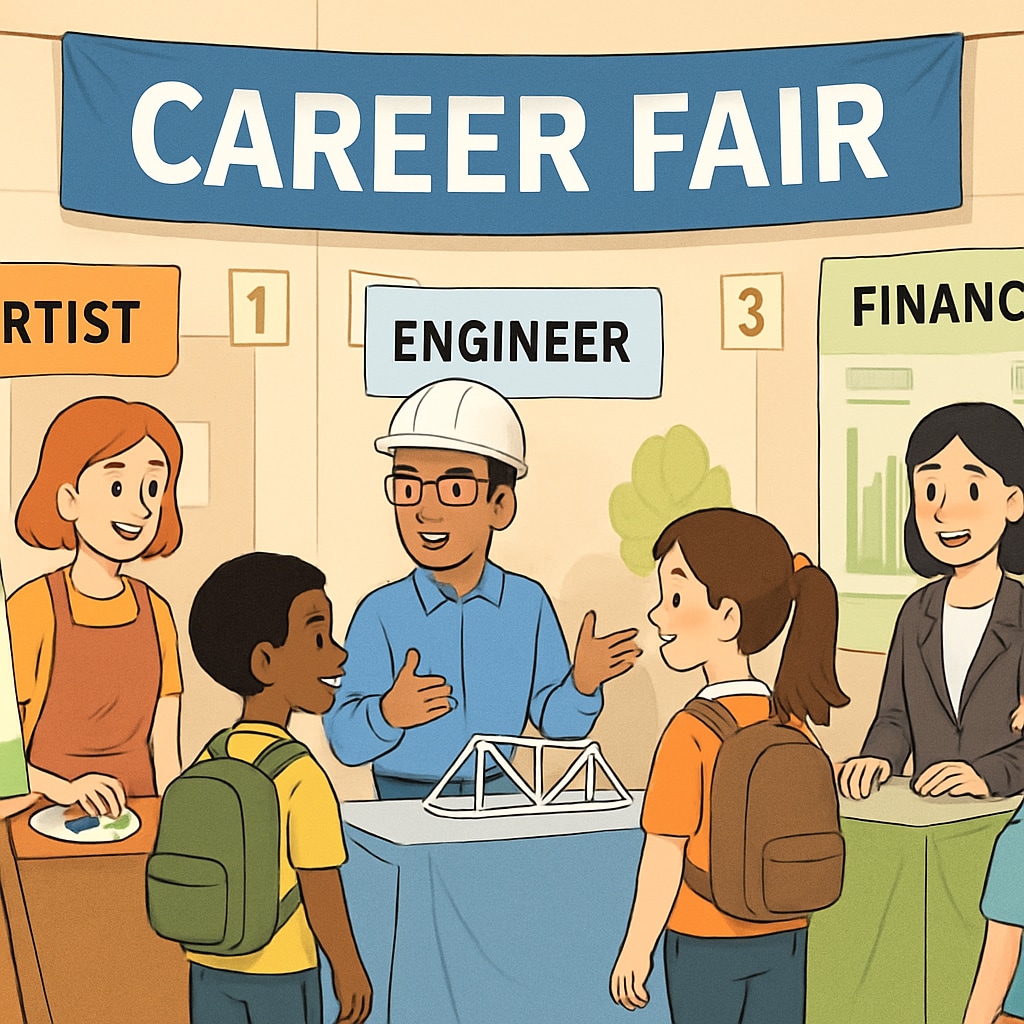 A career fair for K12 students showcasing diverse professions, including artistic, technical, and financial fields. Career fair showing artistic, technical, and financial professions for K12 students.