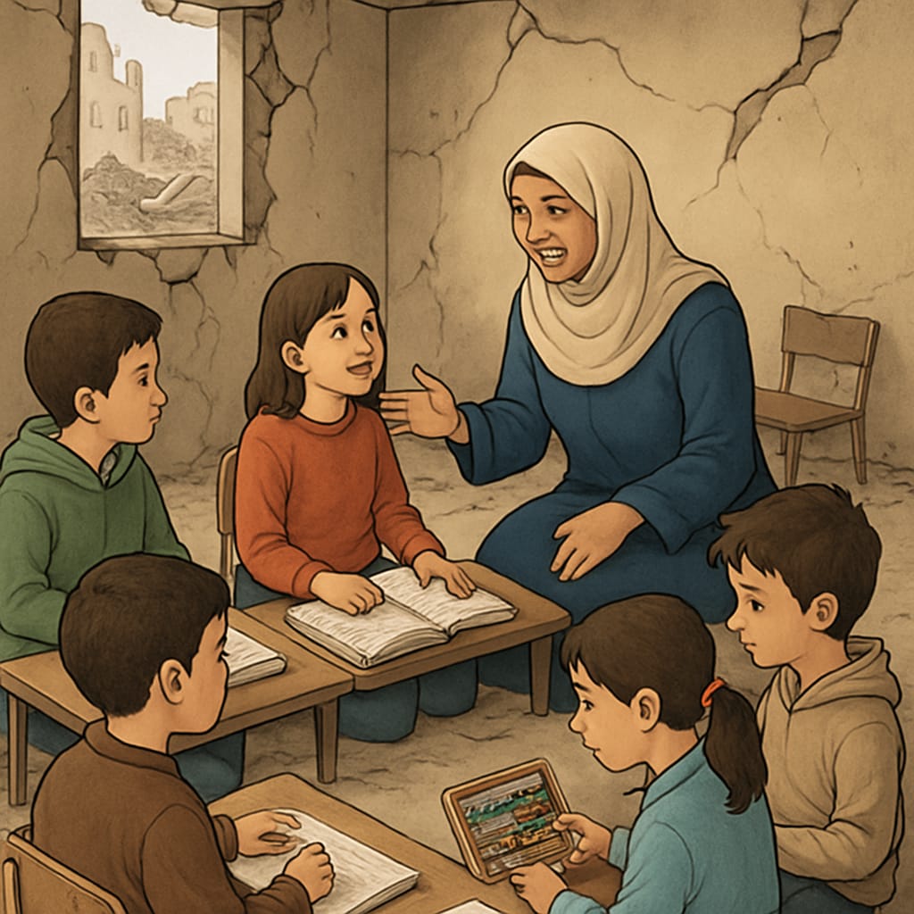A group of children in a damaged classroom in Gaza receiving emotional and educational support. Gaza children in a damaged classroom participating in education recovery efforts.