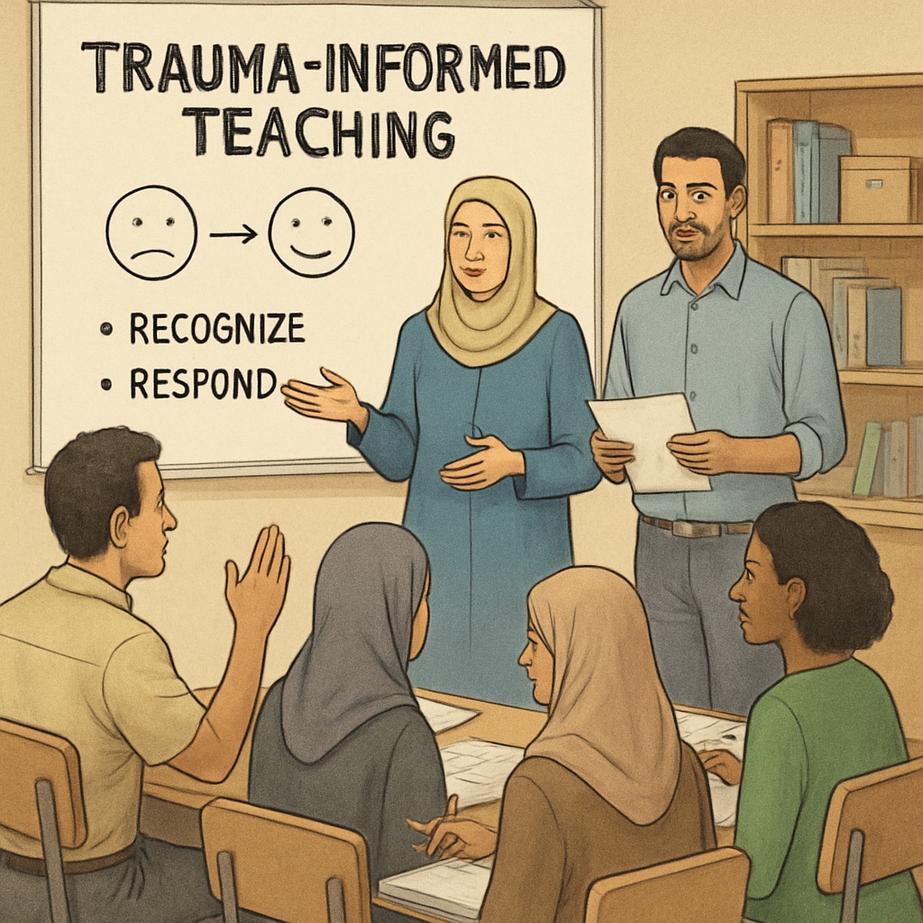 Teachers in Gaza conducting a workshop on trauma-informed teaching techniques. Gaza teachers learning trauma-informed methods to improve classroom environments.