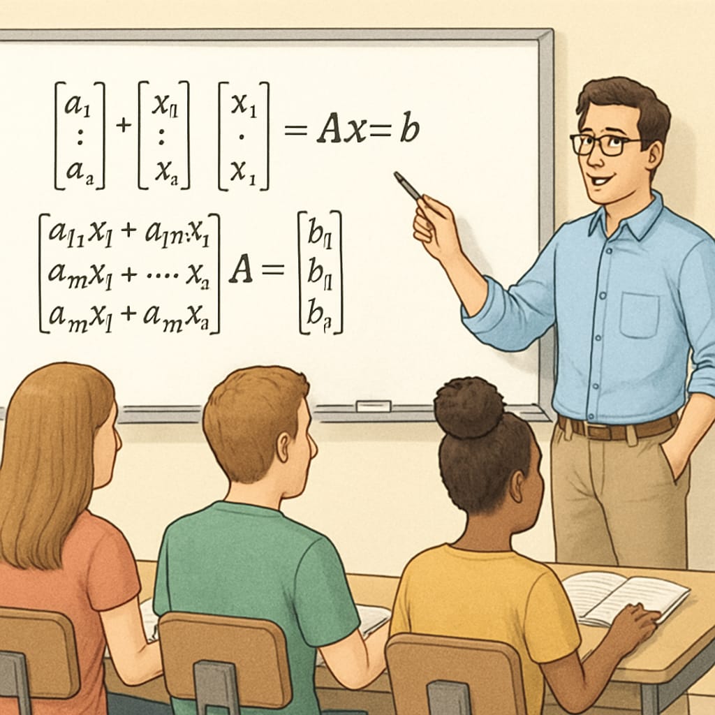 A classroom setting with a teacher explaining matrix equations on a whiteboard, suitable for illustrating linear algebra concepts. Linear algebra concepts for biostatistics preparation explained on a whiteboard.