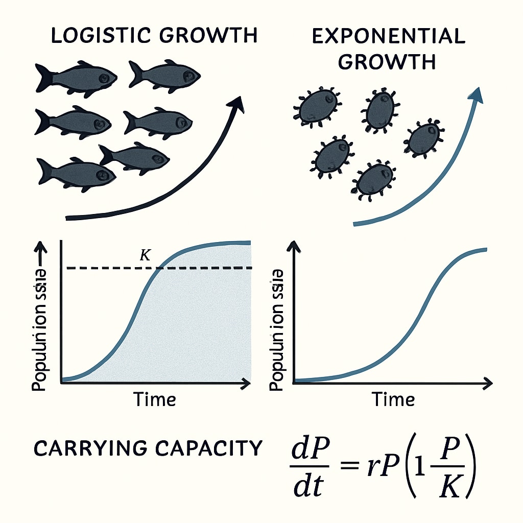An educational diagram showing calculus applications in biological growth patterns, such as curves illustrating population dynamics. Calculus applications modeling biological growth patterns for biostatistics.