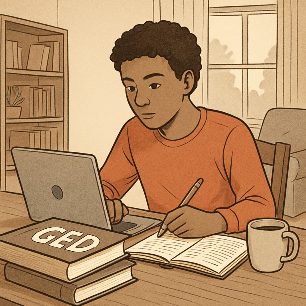 A student studying for their GED on a laptop in a cozy home setting. Student preparing for GED online courses using a laptop.