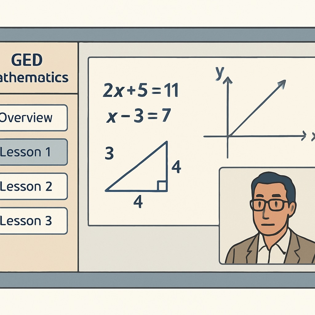 A virtual classroom interface showing a GED lesson on mathematics. Online GED course platform displaying a mathematics lesson.