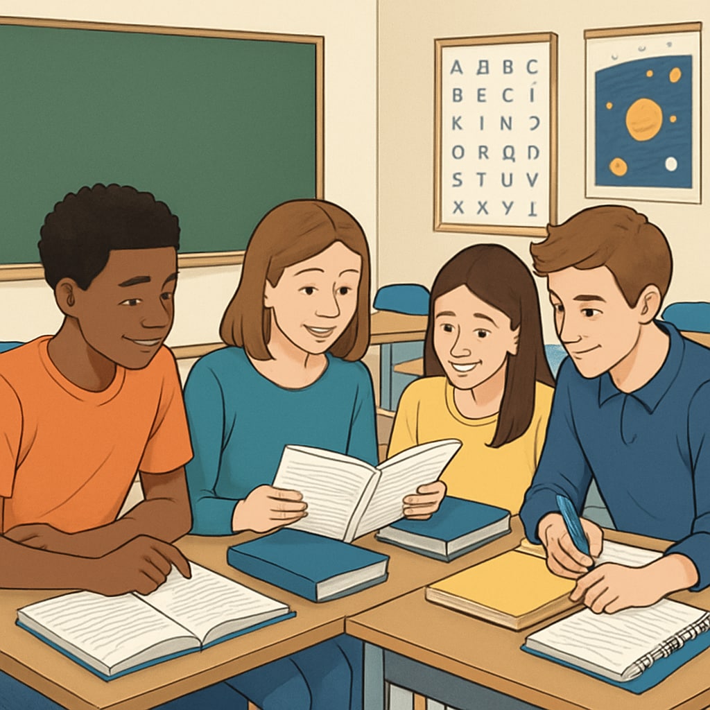 A group of students reviewing notes in a classroom setting, symbolizing consistent learning throughout the year. Students reviewing notes in a classroom, representing year-round learning.