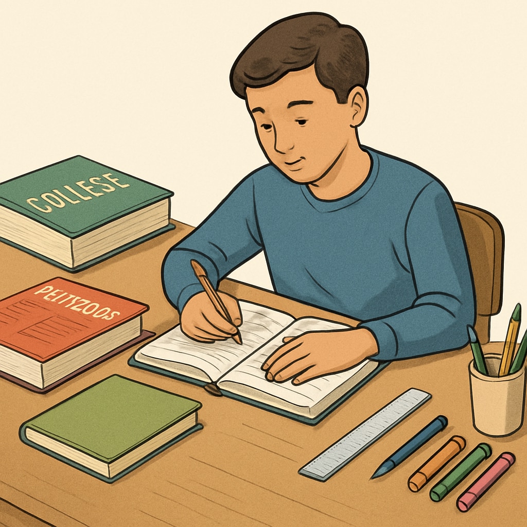 A student studying for A Levels with textbooks spread out on a desk, symbolizing academic focus and preparation for college applications. A Levels student preparing for U.S. college admissions with textbooks and notes.