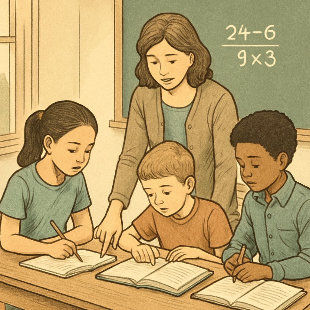 A teacher assisting a small group of students with math problems, emphasizing focused learning in a year-round schedule. Teacher helping students with math problems in a year-round schooling setup.