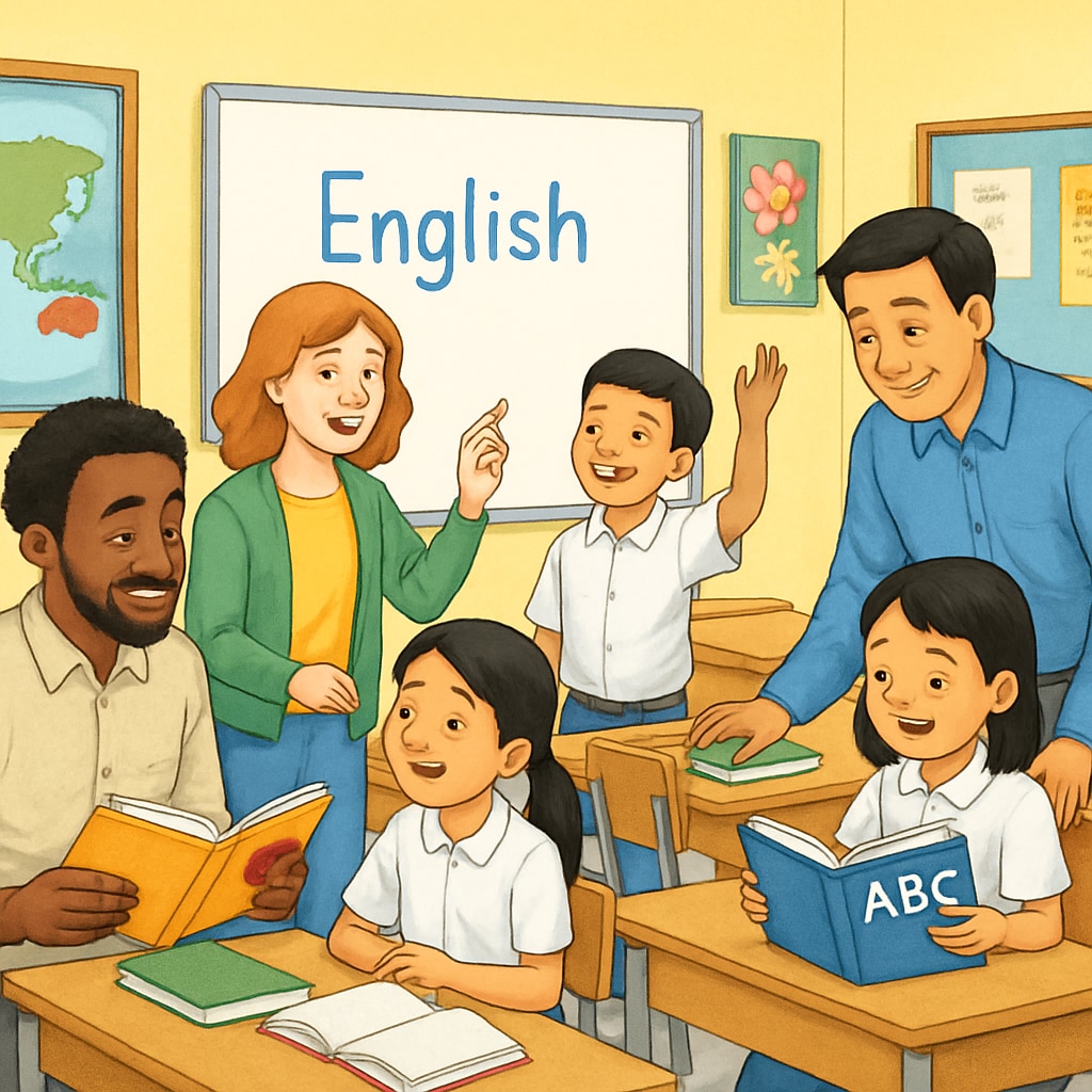 A group of international educators teaching English to Thai students in a vibrant classroom setting. Educators teaching English at Thailand summer camps with students actively engaged.