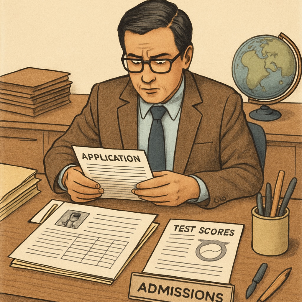 An admissions officer reviewing applications, including transcripts and test scores, symbolizing the evaluation process for international students. Admissions officer evaluating applications from A Levels students for U.S. colleges.