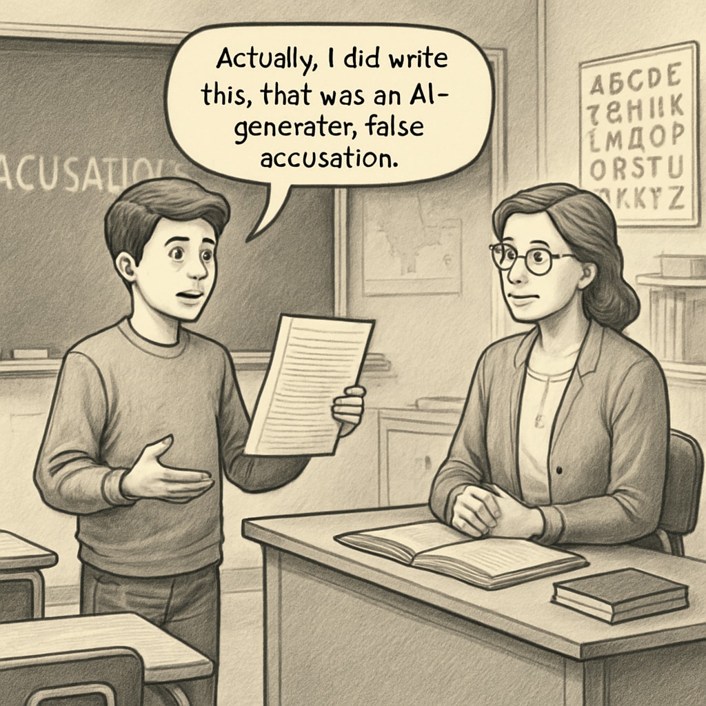 Student in a classroom defending their work amidst accusations of AI usage