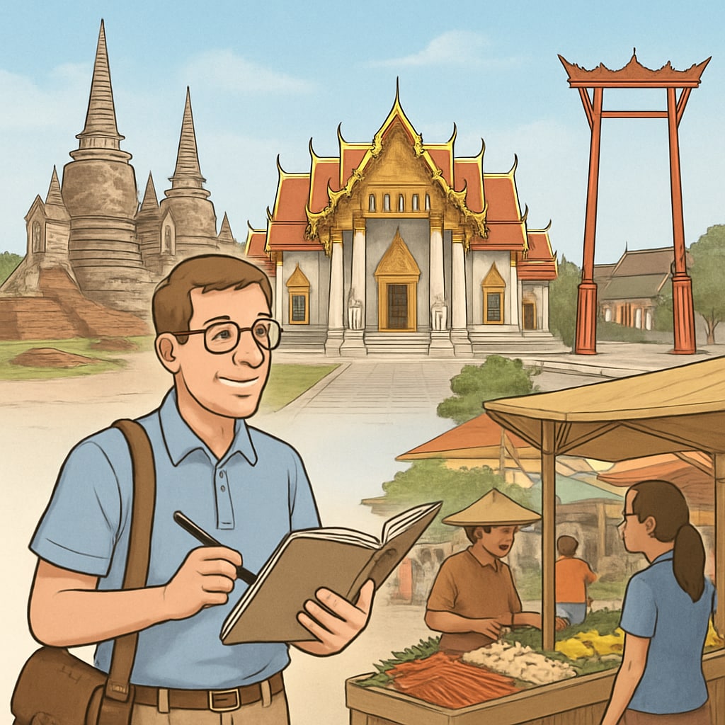 An educator exploring Thailand’s cultural landmarks during downtime from teaching. Educator enjoying cultural immersion while teaching in Thailand summer camps.