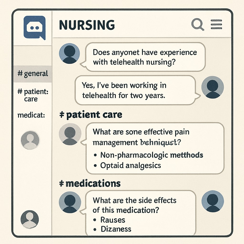 A screenshot showing a nursing-focused Discord group with active discussions about healthcare topics. Nursing-focused Discord group with active discussions for K12 students.