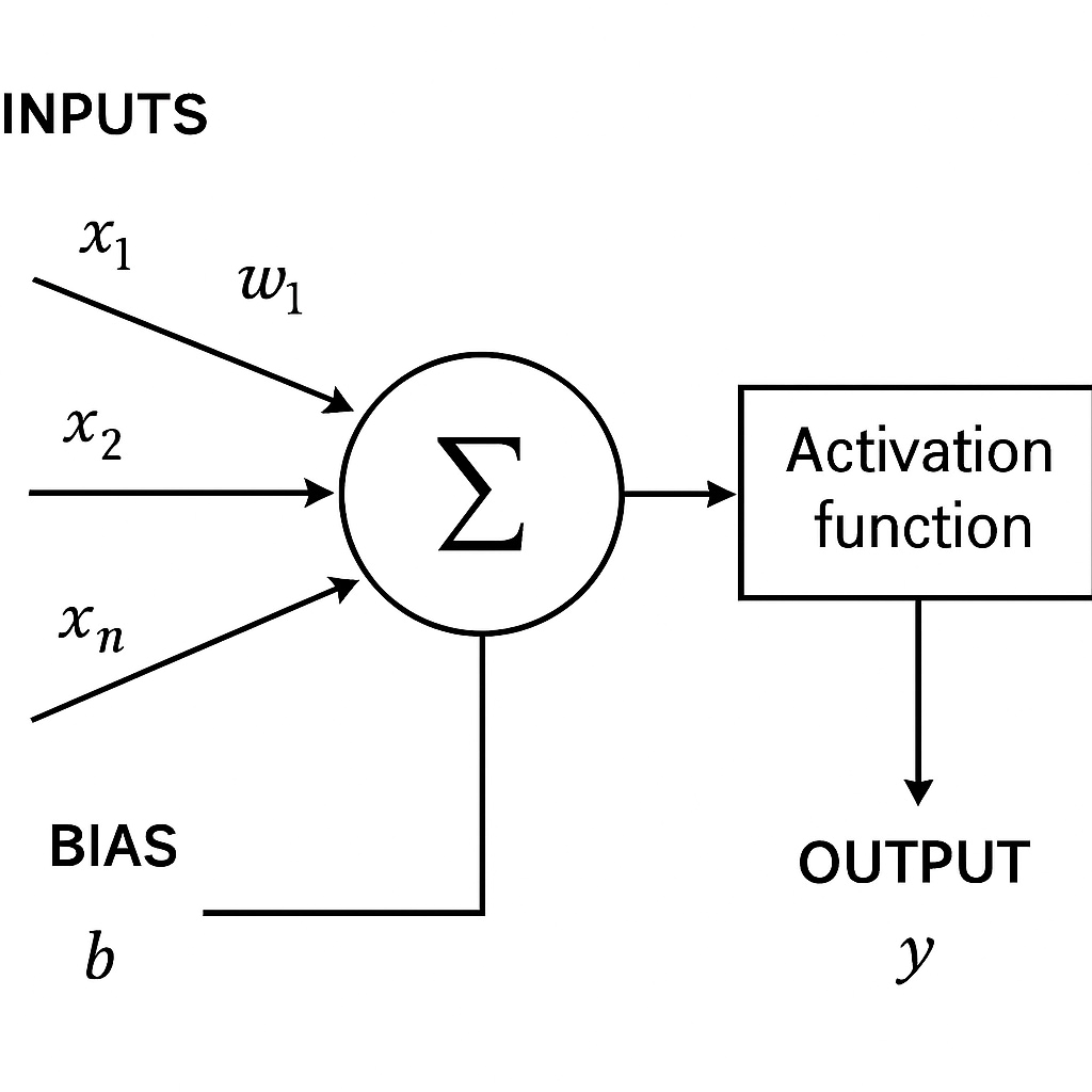 Simple perceptron diagram for artificial intelligence teaching, student projects, resource limitations.