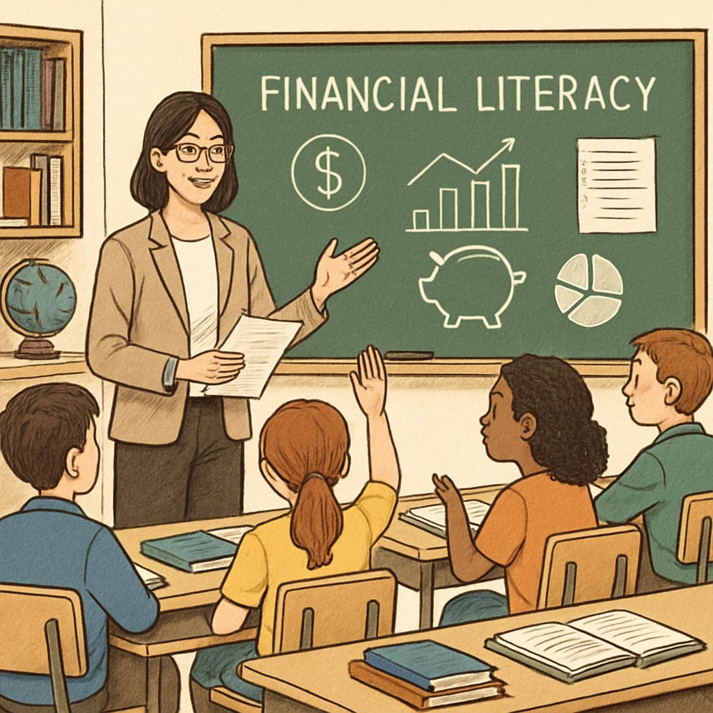 A classroom with a teacher discussing financial literacy with students. Teacher educating students about financial literacy amidst SAVE plan changes.