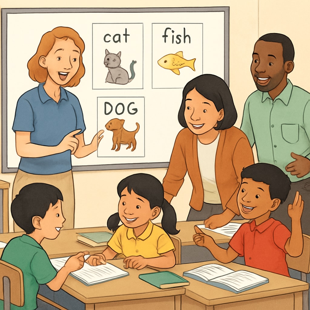 A group of educators teaching English to Thai children in a classroom setting. The image highlights the interactive and engaging nature of the camp's teaching sessions. Educators teaching English in Thailand during the summer camp.