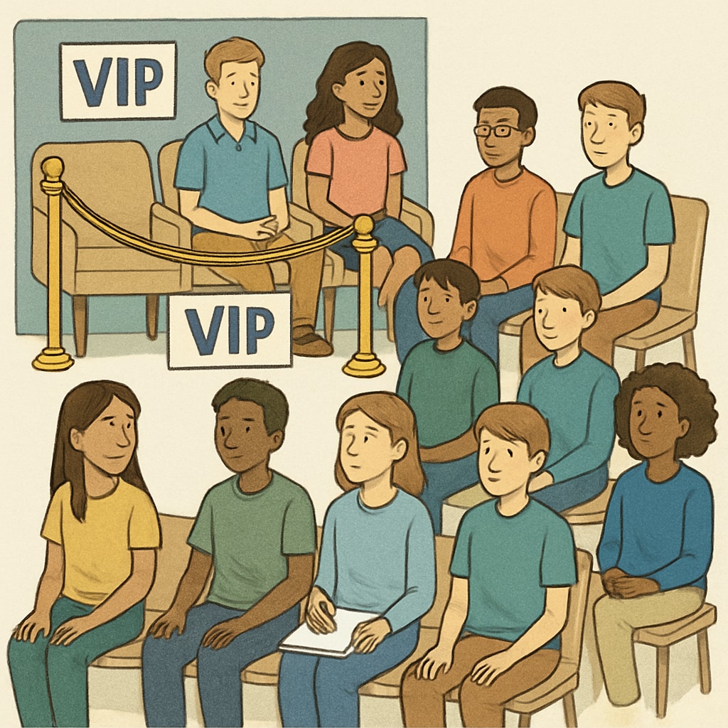 A group of students participating in a school event, with some visibly in exclusive VIP seating areas. The image highlights the impact of economic privilege on student experiences. Students at a school event, some seated in exclusive VIP areas, illustrating economic privilege.