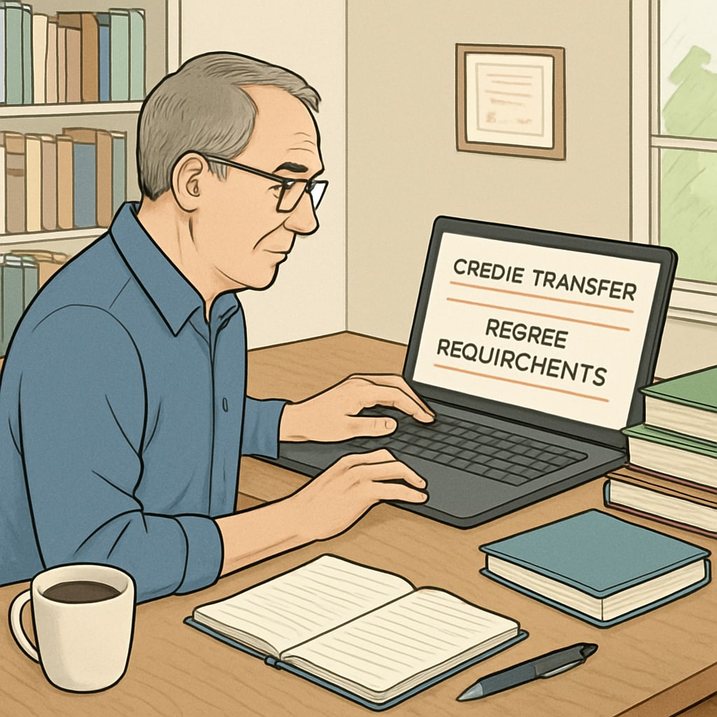 A mature student reviewing credit transfer options and degree requirements on a laptop in a home office setting. Adult learner researching credit transfer and degree completion strategies.