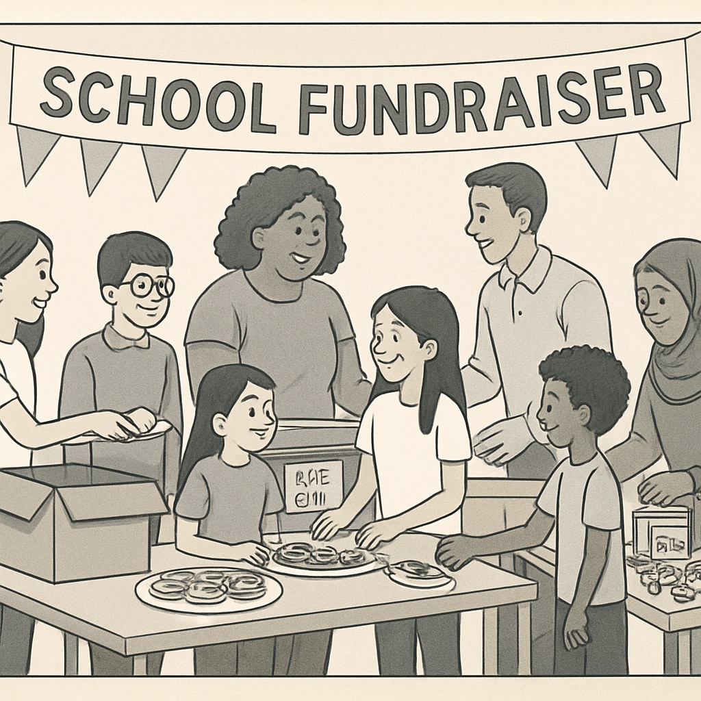 Students and parents working together at a school fundraiser, fostering community spirit. The image emphasizes inclusivity and collective involvement. Parents and students collaborating at a school fundraiser, symbolizing unity and inclusiveness.