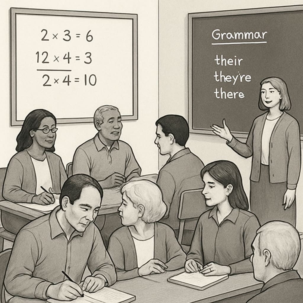 Adults learning foundational math and grammar skills in a workshop setting.