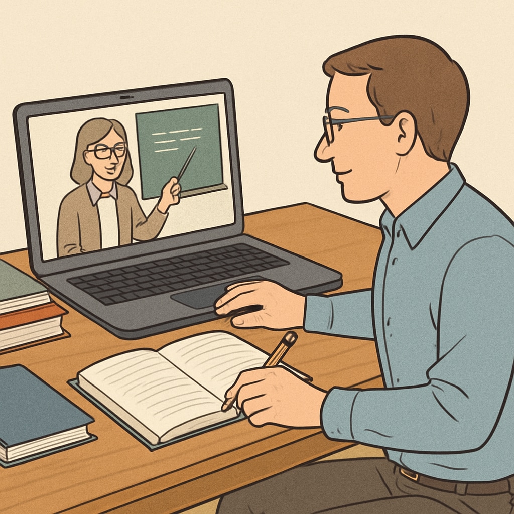 An adult learner participating in an online class, surrounded by study materials at a desk. Adult student attending an online class while working on degree completion.