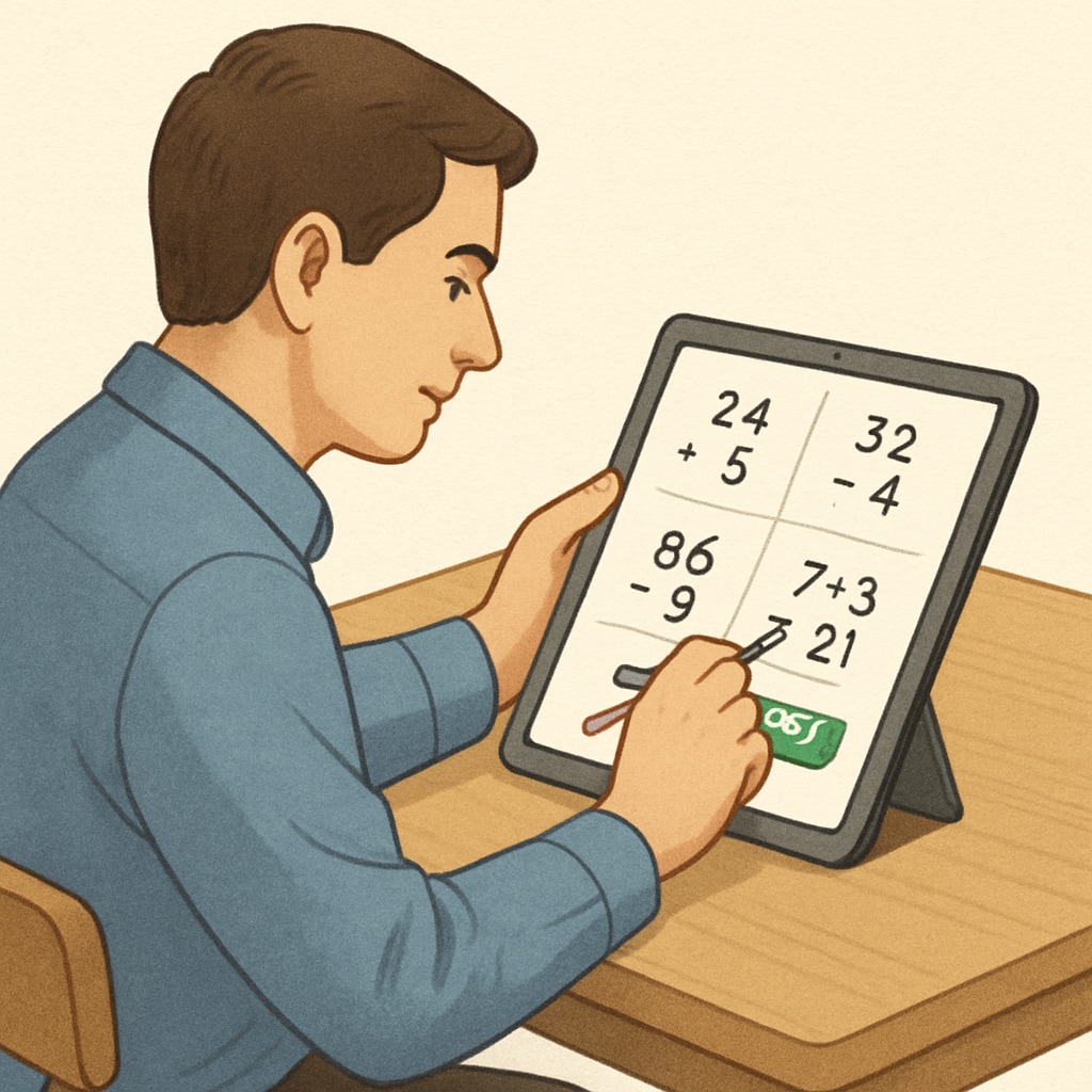 Adult using an educational app to practice math problems.