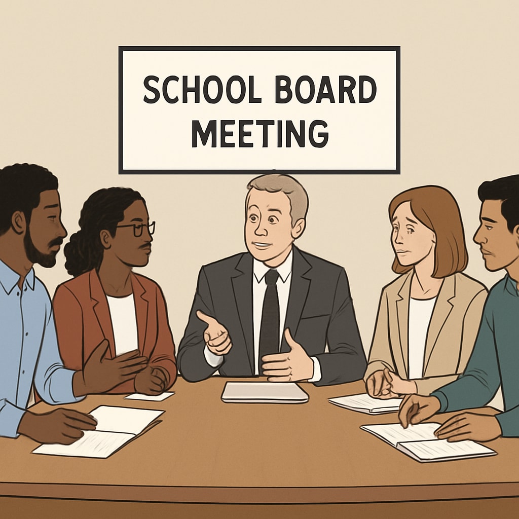 A school board meeting showcasing members discussing strategies for education reform.