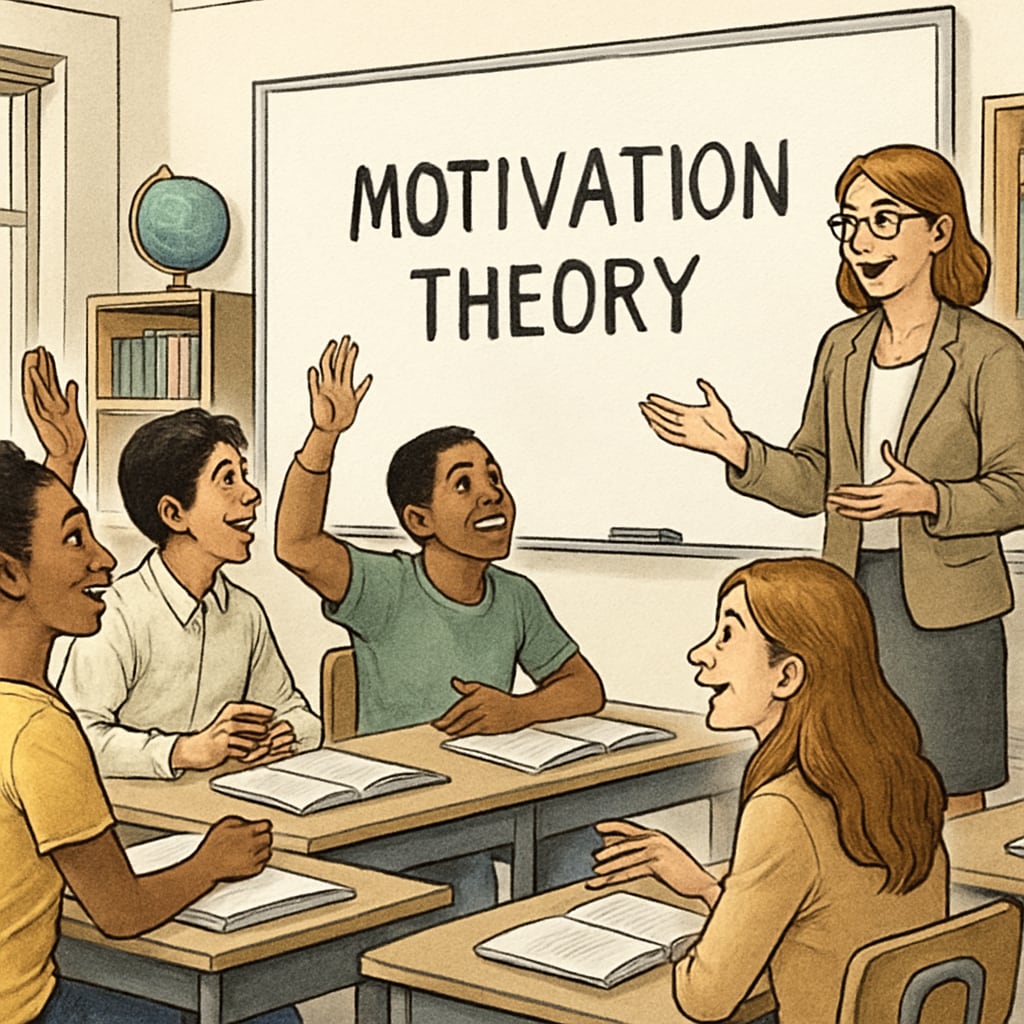 A diverse classroom actively engaged in a discussion on motivation theory. The students appear eager to share their thoughts, with a teacher guiding the conversation. Diverse classroom students discussing motivation theory and its applications.