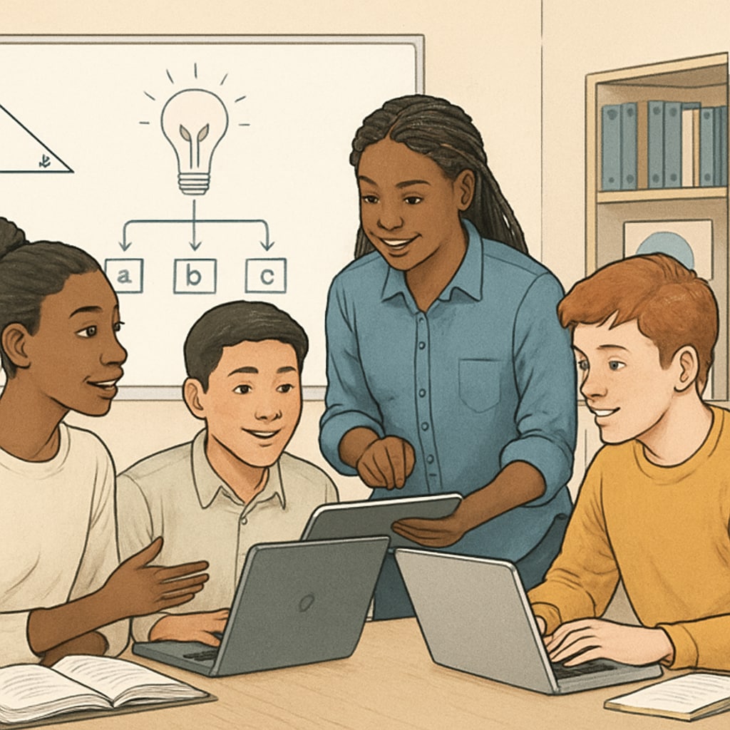 Students in a collaborative learning community, working together on a theory-based project. The group includes diverse members, sharing ideas and using digital tools. Learning community of students collaborating on theory-based projects.
