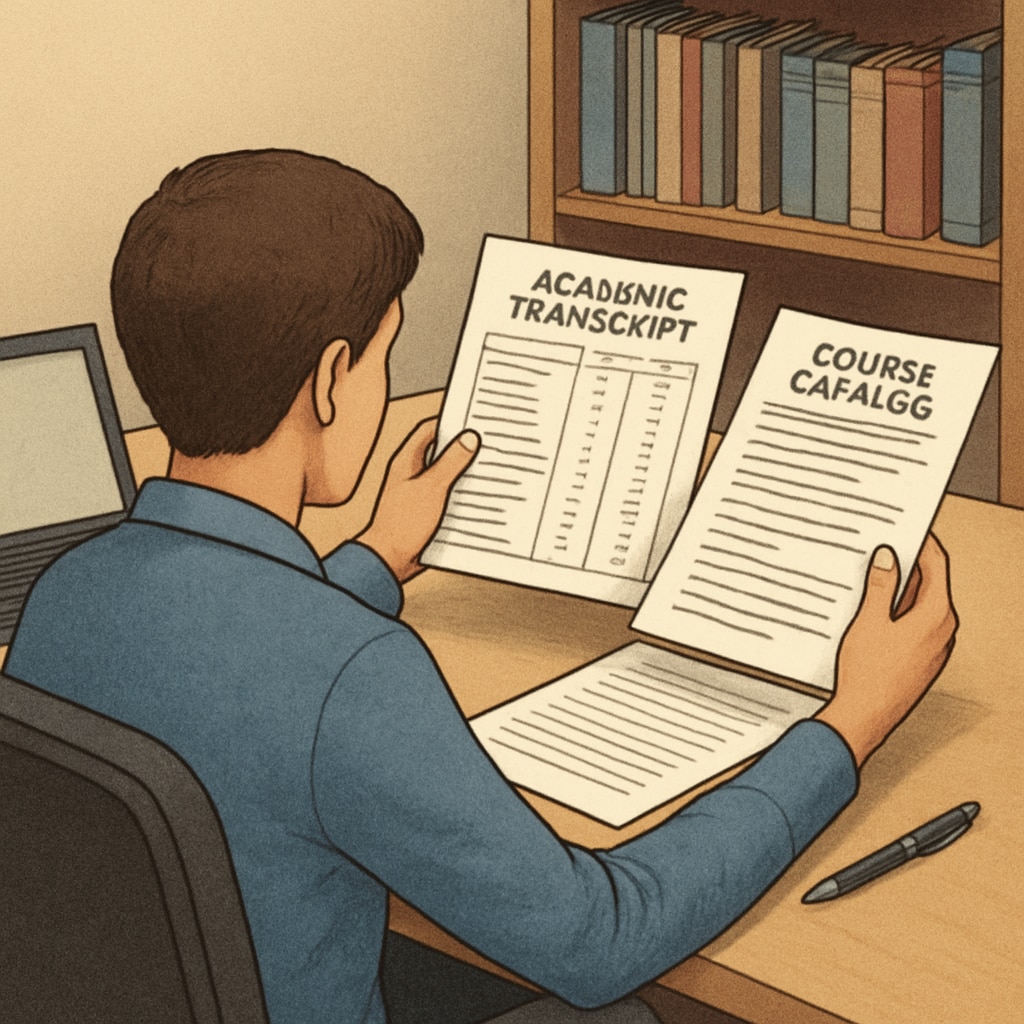 A person reviewing their academic transcript and course options to resume an incomplete degree. A person reviewing credits for an incomplete degree program.