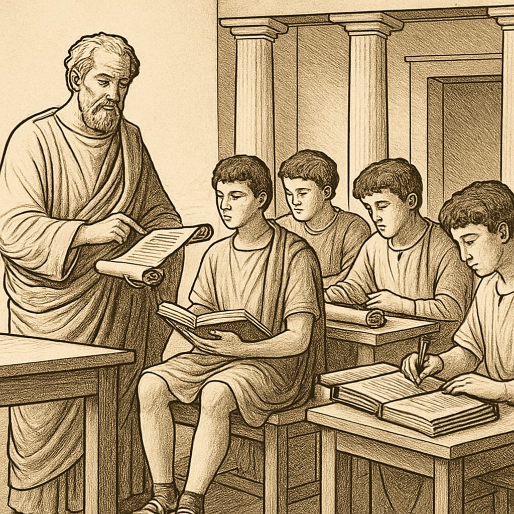 Students in a classical education setting studying ancient texts.