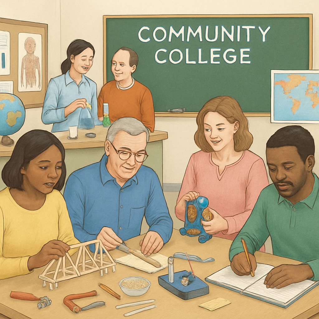 A group of adult learners attending a community college class, engaging in hands-on learning. Adult learners participating in a continuing education program.