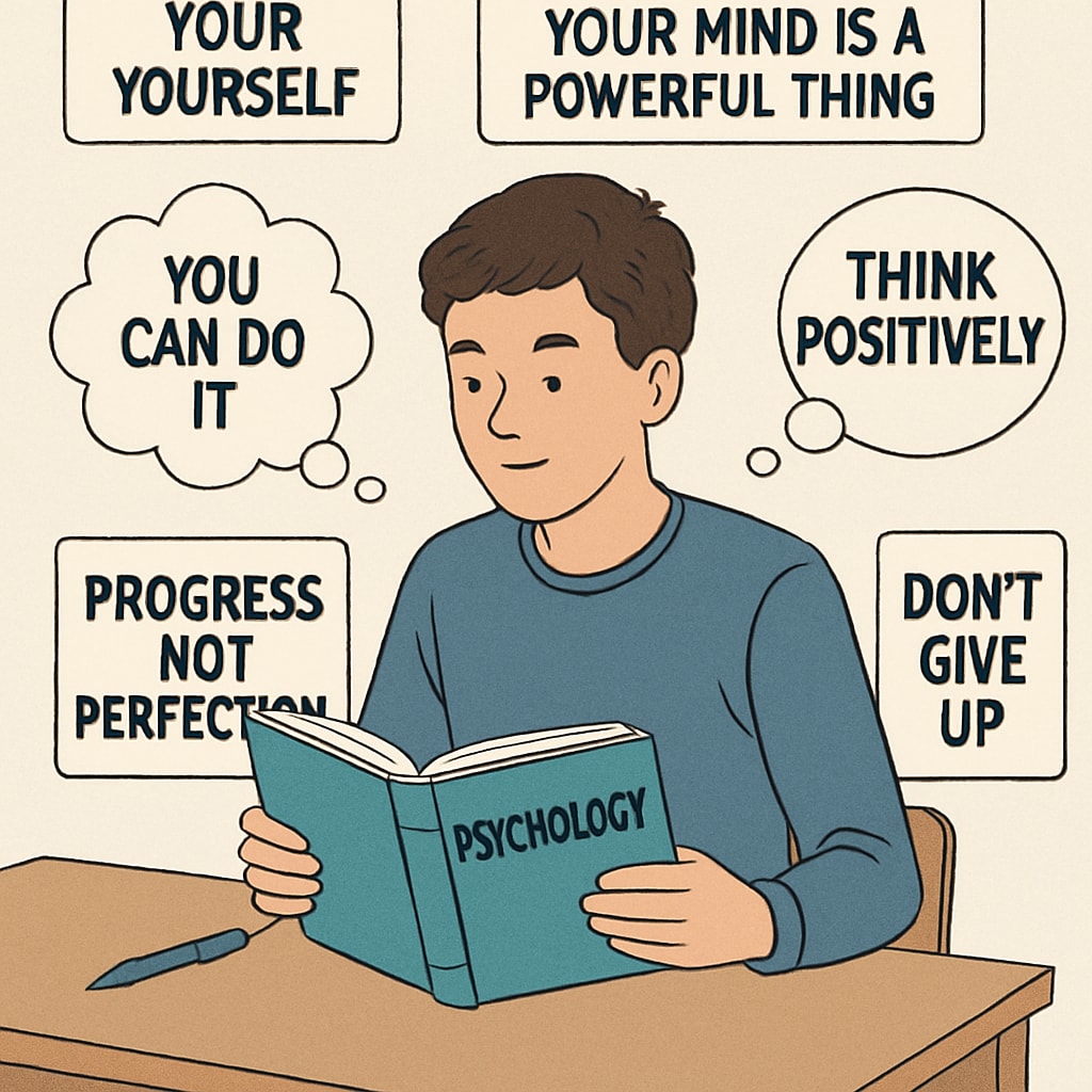 An illustration of a teenager reading a psychology book, surrounded by inspirational quotes and thought clouds. Teenager reading a psychology book with thought clouds and motivational quotes.