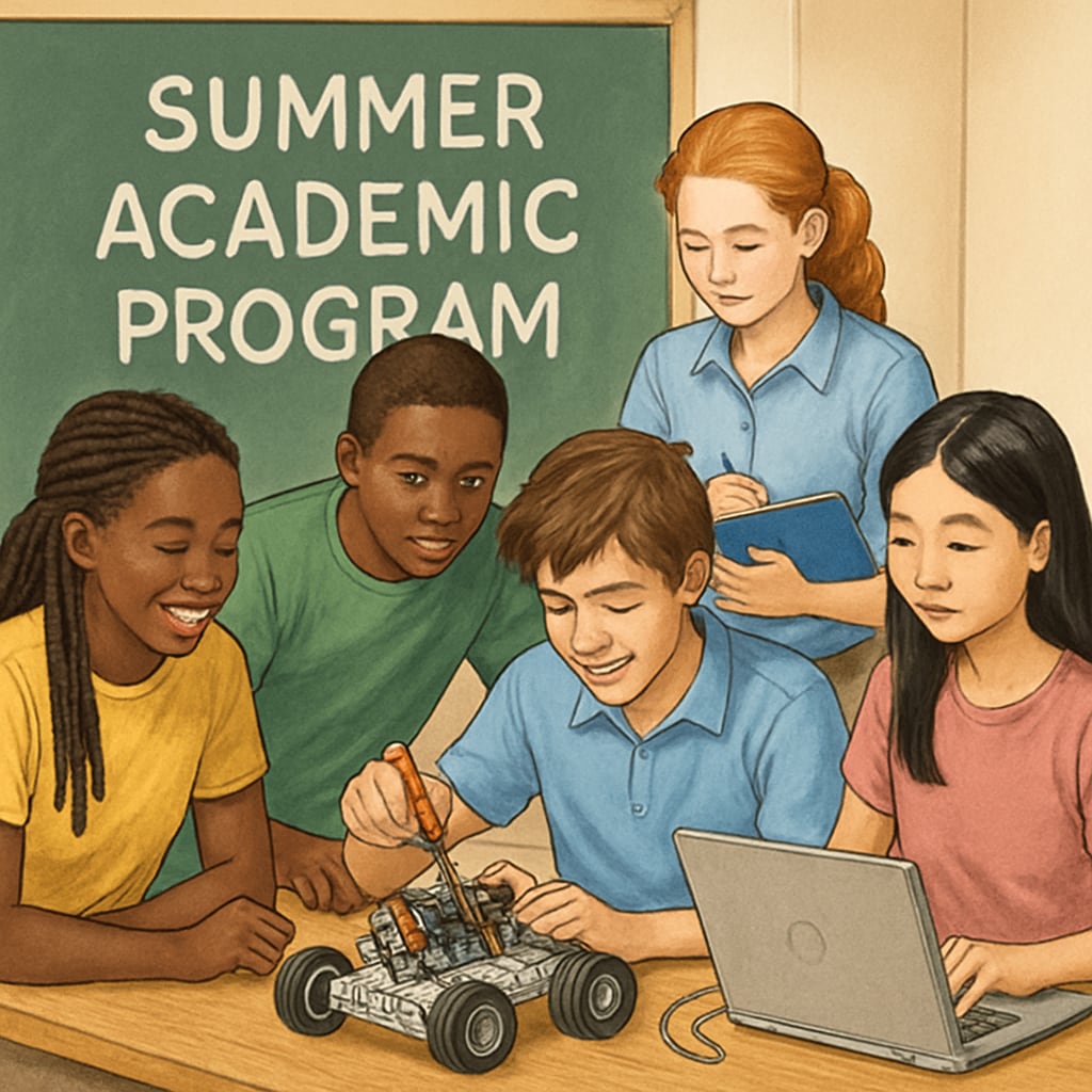 Gifted students in a summer program, working on robotics as part of their academic enrichment.
