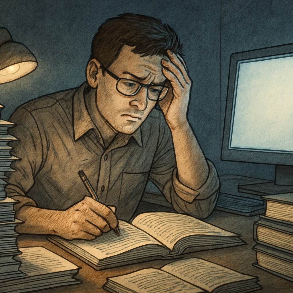 Stressed contract teacher working on unpaid research in a dimly lit office.