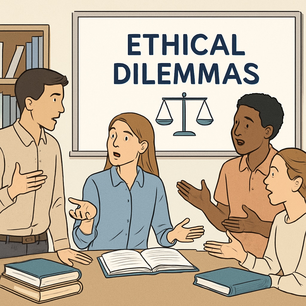 A group of students participating in a lively debate about ethical dilemmas, with books and a whiteboard in the background. Students debating ethical dilemmas in a classroom with books and a whiteboard.